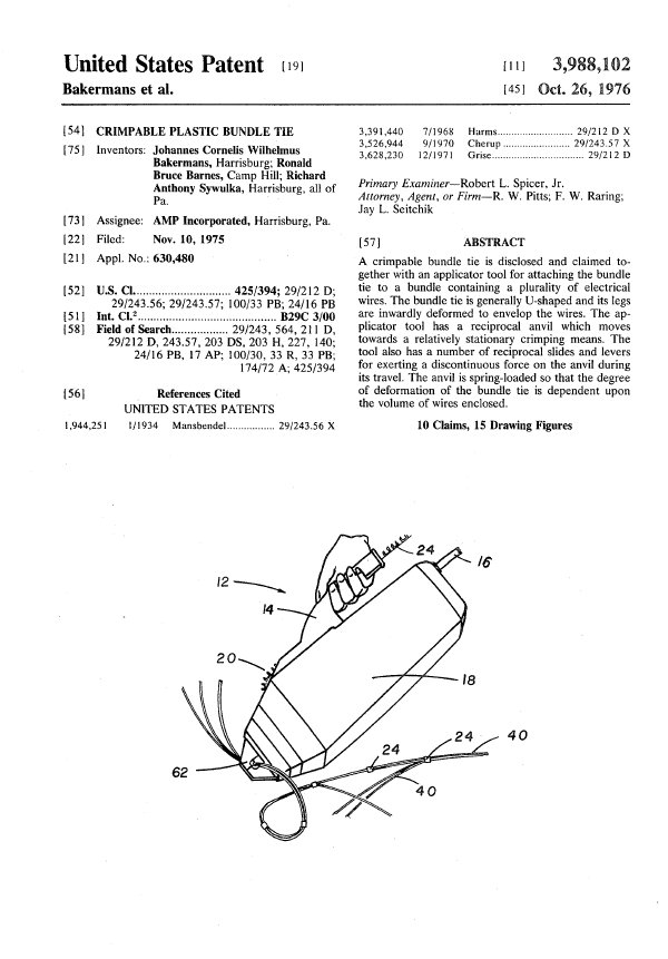 Brevet n° 3988102 du 26 octobre 1976 - Crimpable plastic bundel tie - Utilisation du brevet n° 1944251 de FP MANSBENDEL.